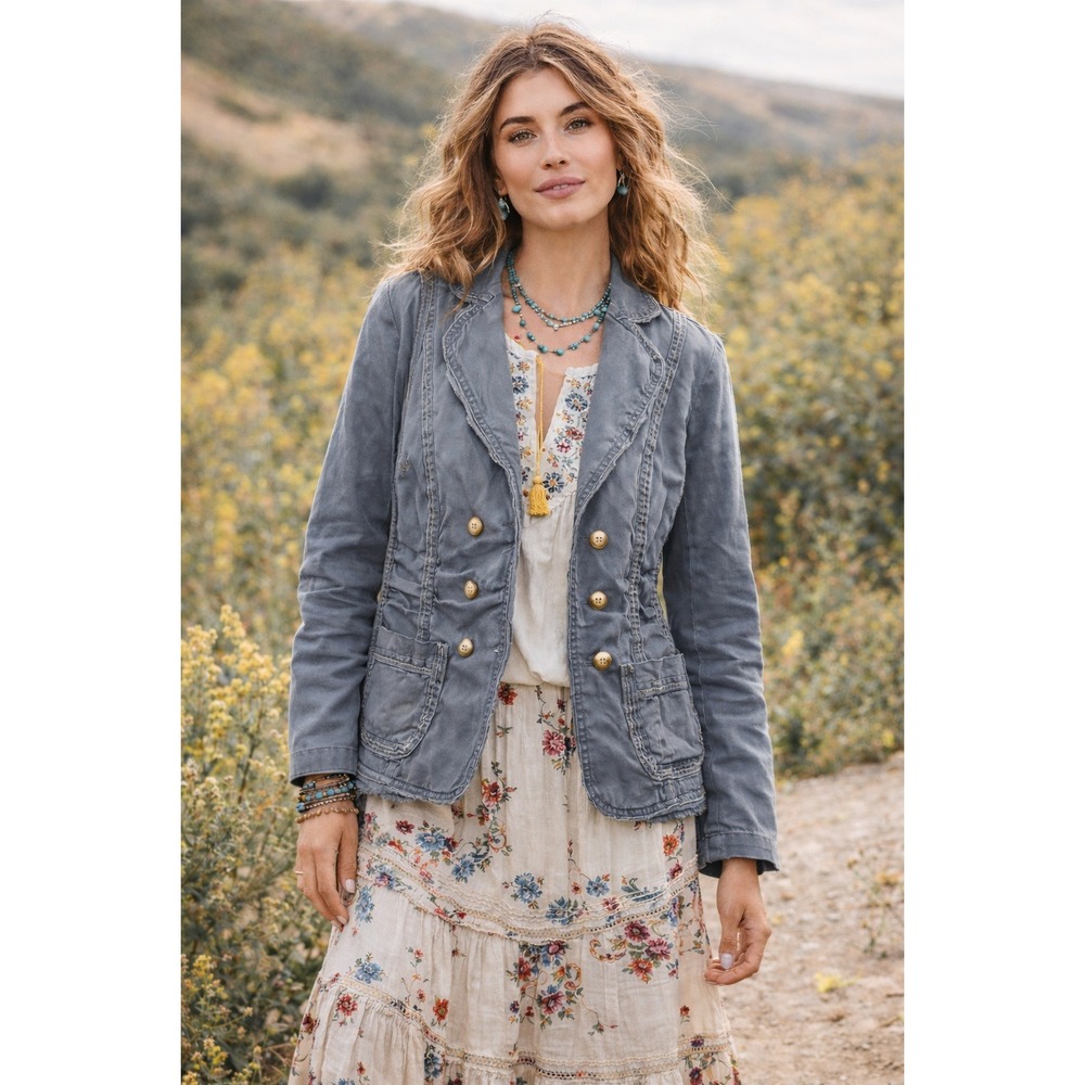 Sundance‎ Double Breasted Raw Edge Bohemian Blazer Jacket Sz S Grey Cottagecore